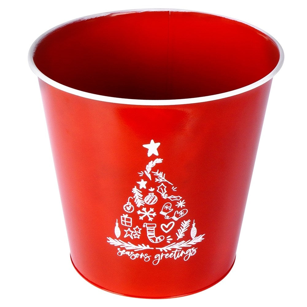 Christmas pot in red metal with white Christmas tree decoration