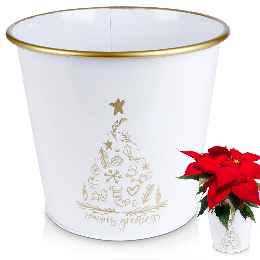 Christmas pot in white metal with golden Christmas tree.
