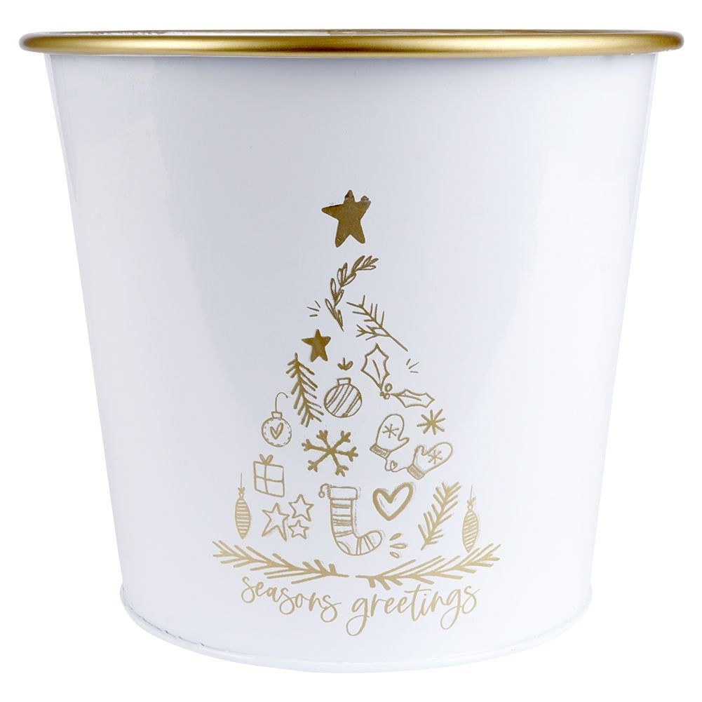 Christmas pot in white metal with golden Christmas tree.