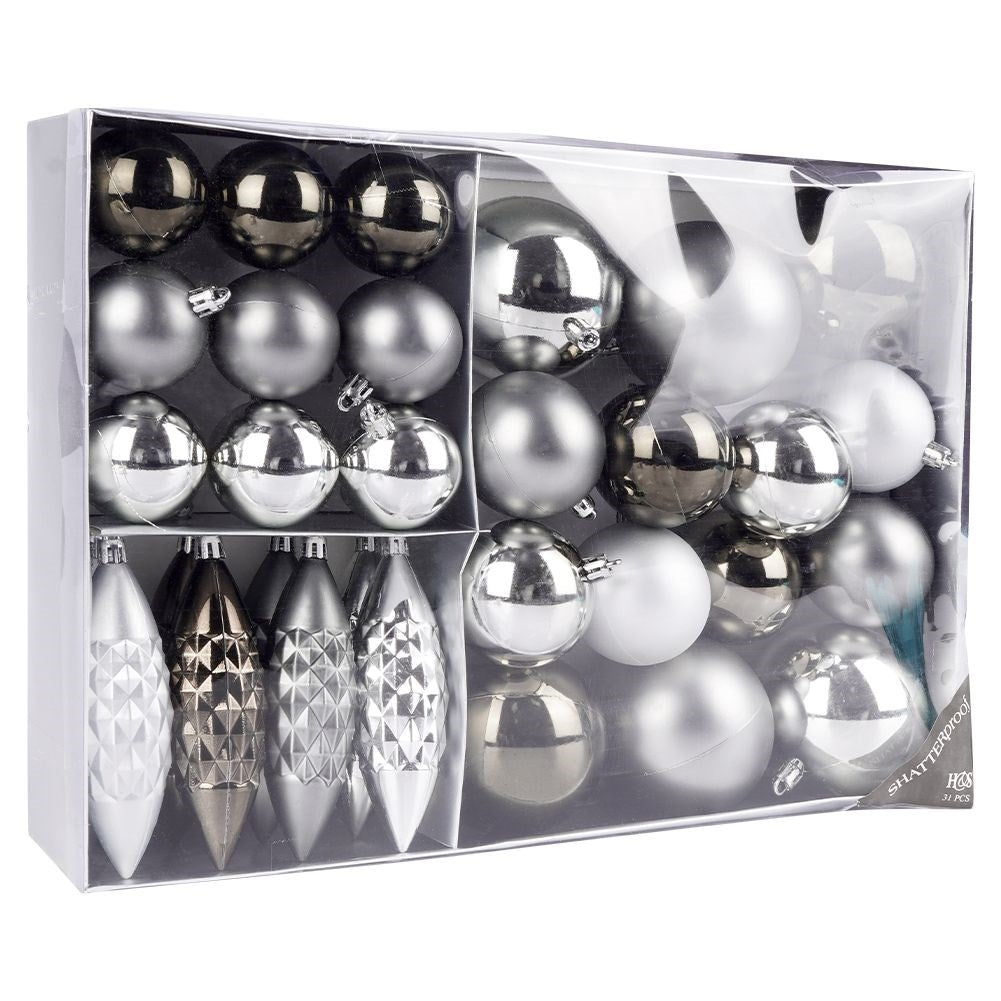 Christmas tree balls 31-pack: Unbreakable, matte & glossy, silver/graphite