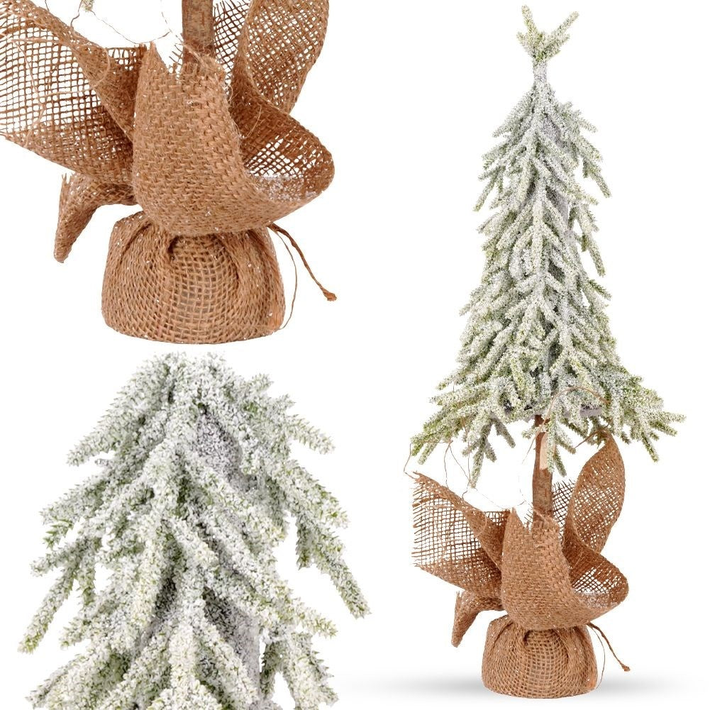 Christmas tree on trunk 55 cm with artificial snow in jute bag