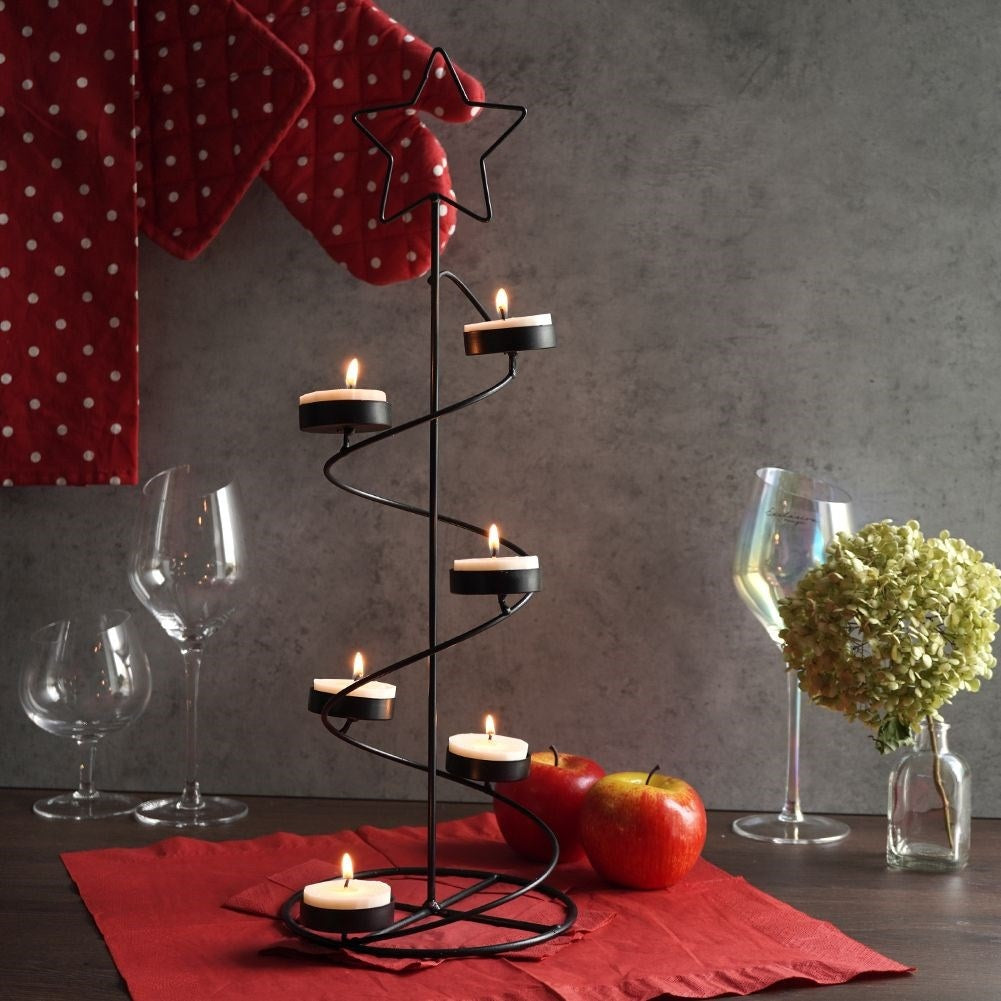 Christmas tree-shaped Candlestick for Six Warming Candles in Black Metal