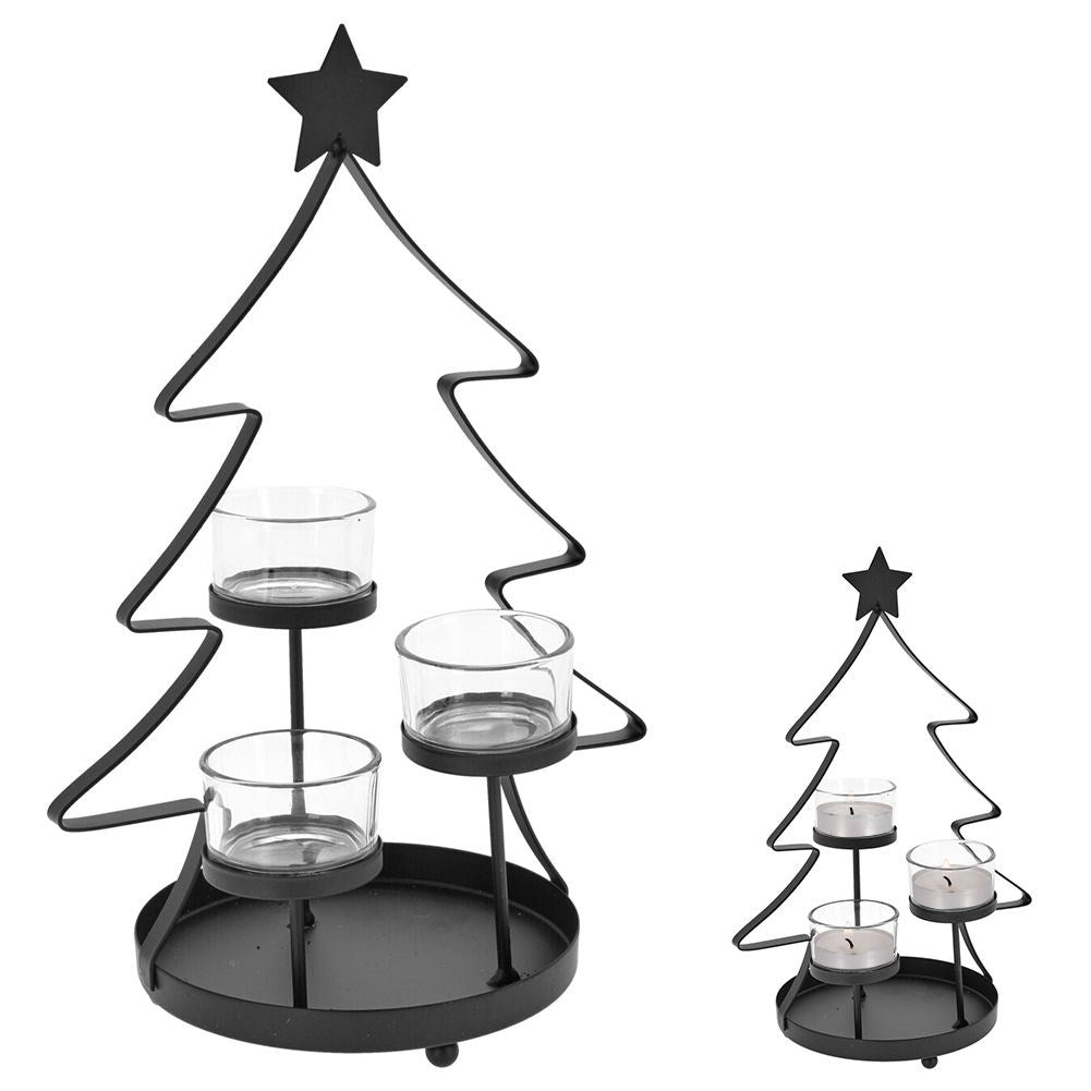 Christmas tree-shaped Candlestick for Three Warming Candles in Black Metal