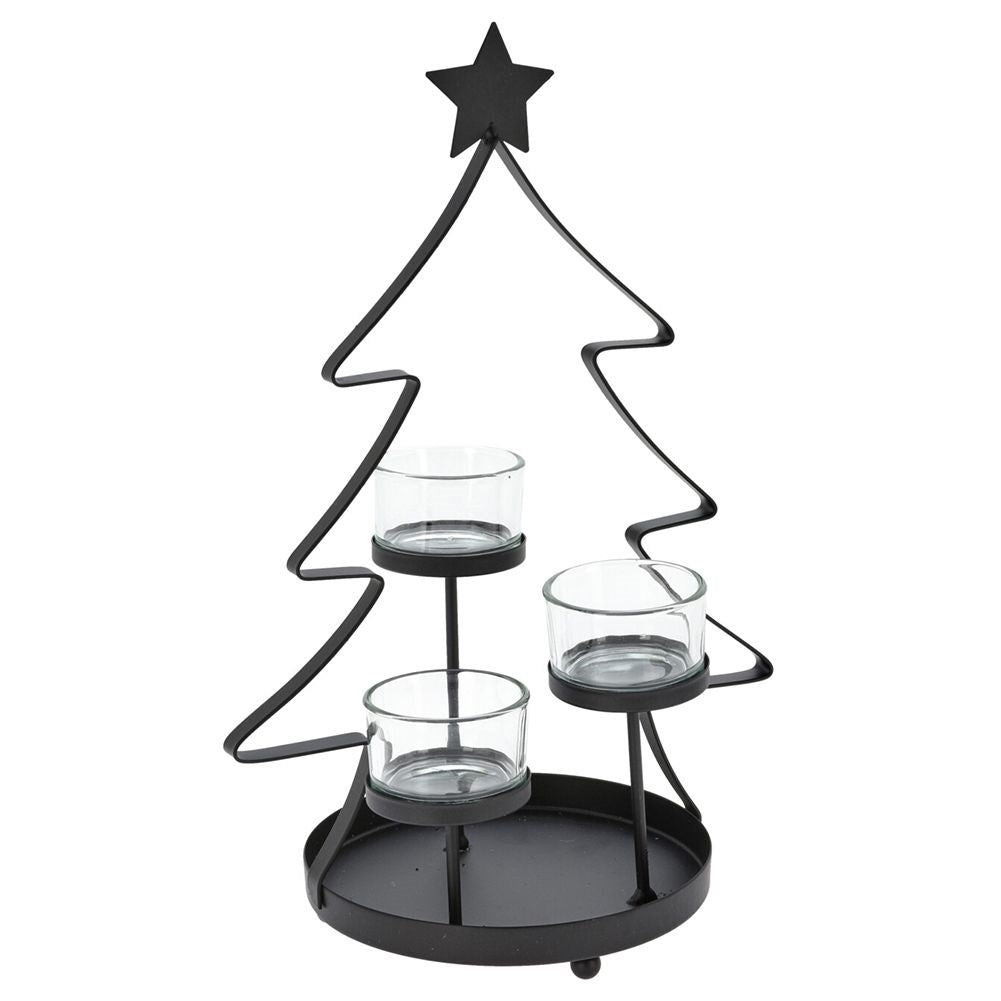 Christmas tree-shaped Candlestick for Three Warming Candles in Black Metal