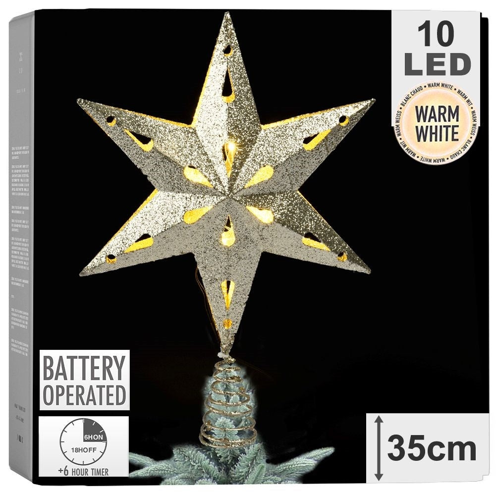 Christmas tree top spire: Gold star with LED lights and glitter