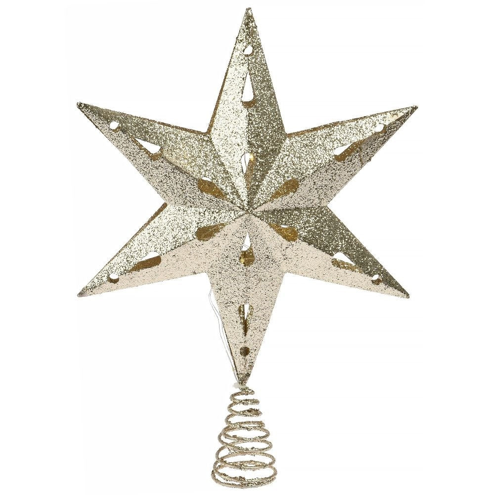 Christmas tree top spire: Gold star with LED lights and glitter
