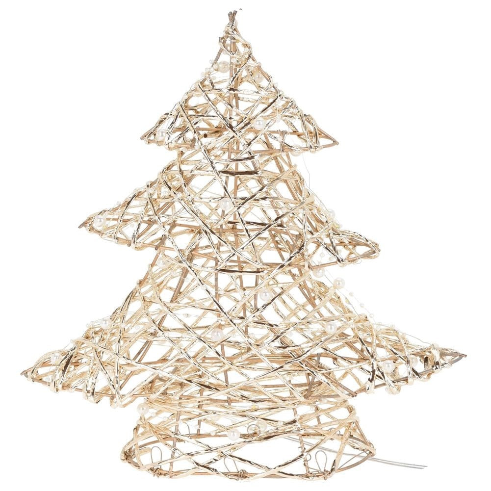 Christmas tree with 20 LED lights, golden and decorated with pearls