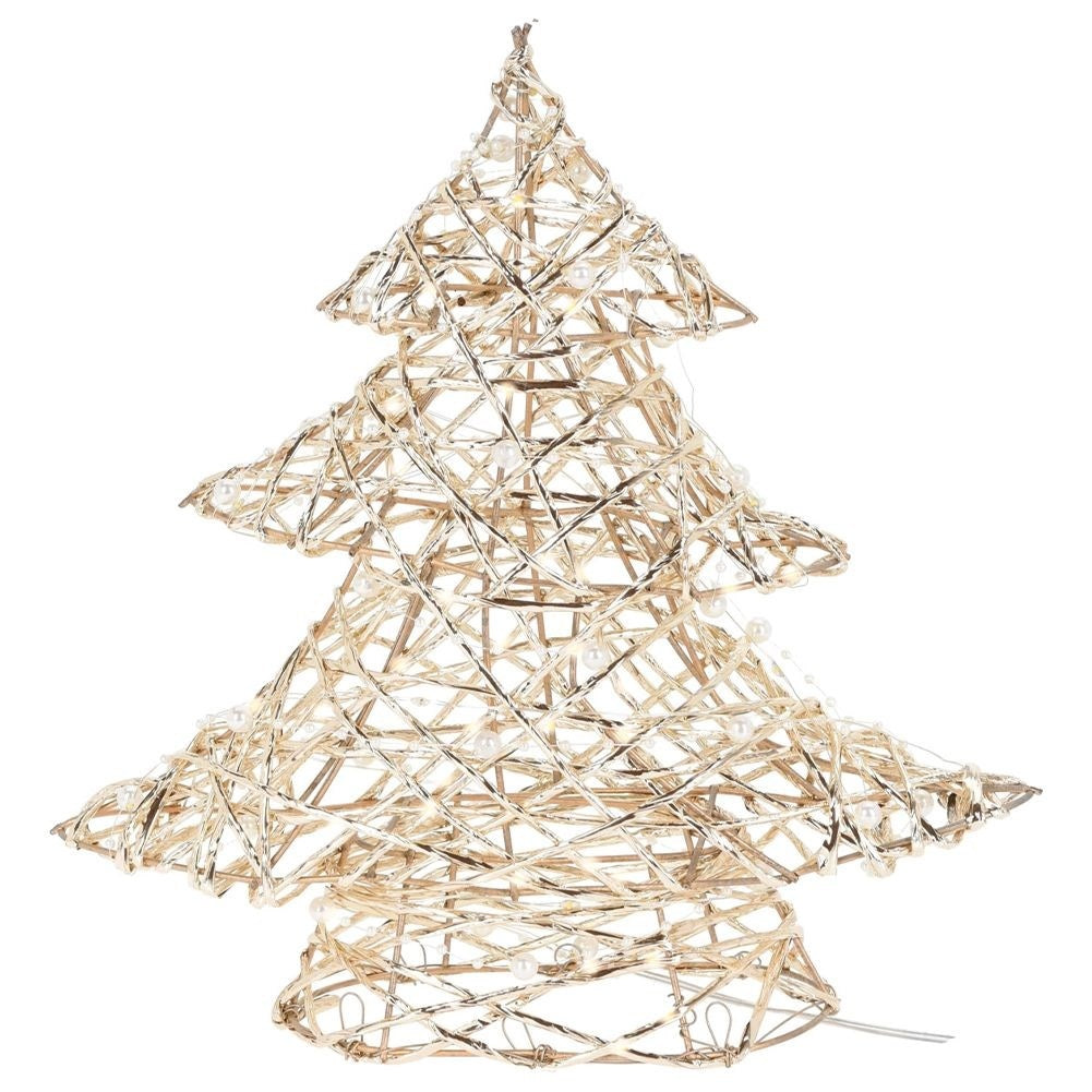 Christmas tree with 20 LED lights, golden and decorated with pearls