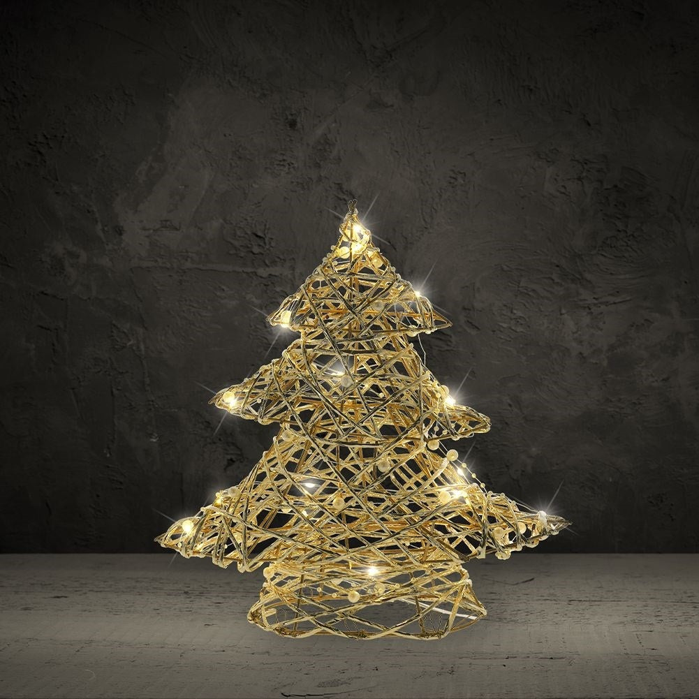 Christmas tree with 20 LED lights, golden and decorated with pearls