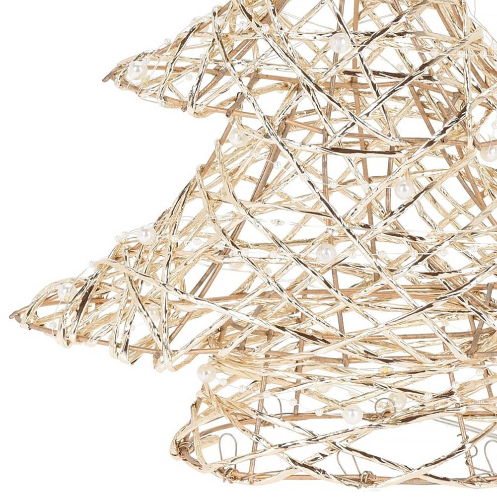 Christmas tree with 20 LED lights, golden and decorated with pearls