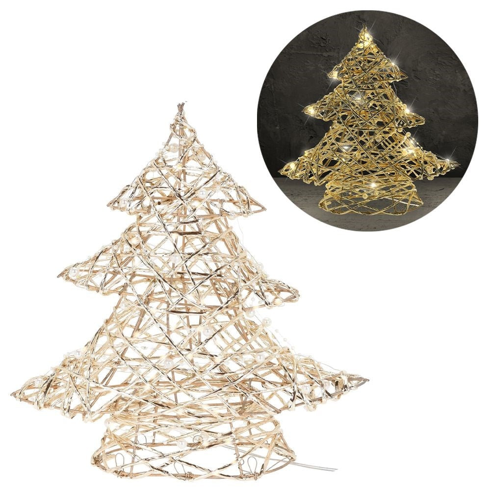 Christmas tree with 20 LED lights, golden and decorated with pearls