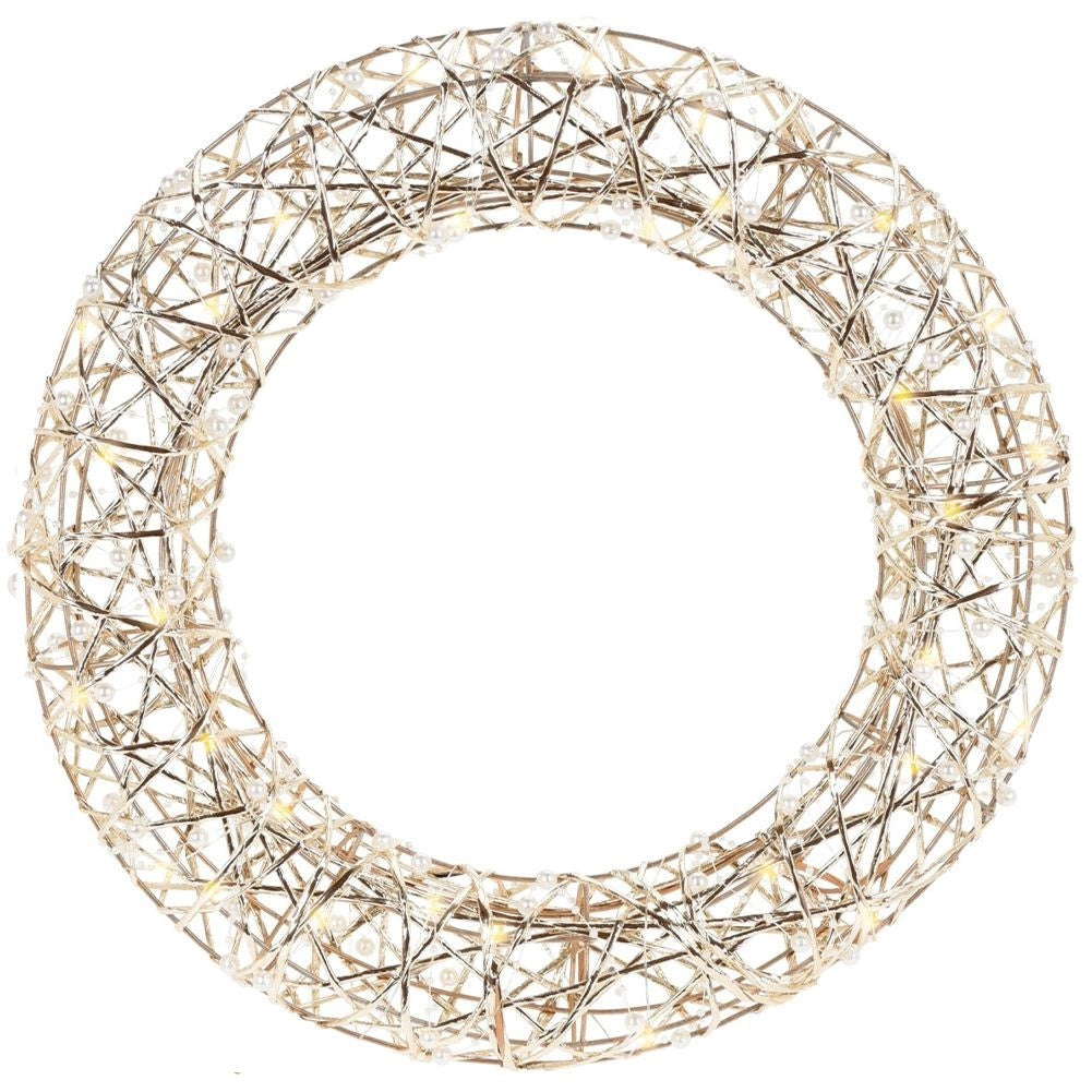 Christmas wreath with LED lights in gold and white pearls