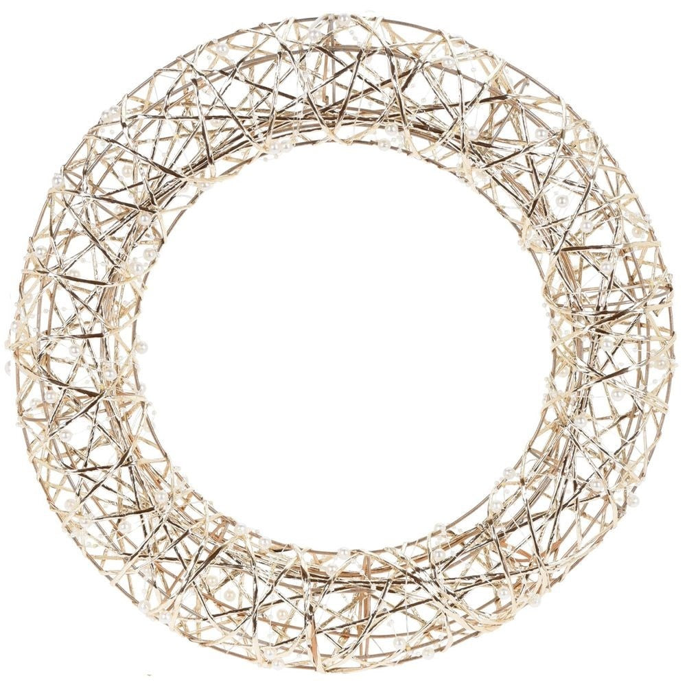 Christmas wreath with LED lights in gold and white pearls