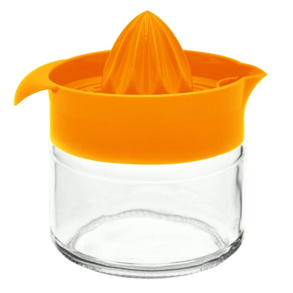 Citrus press with spout and glass container