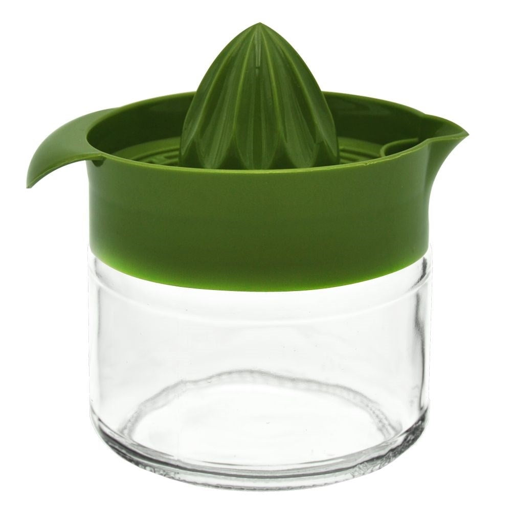 Citrus press with spout and glass container