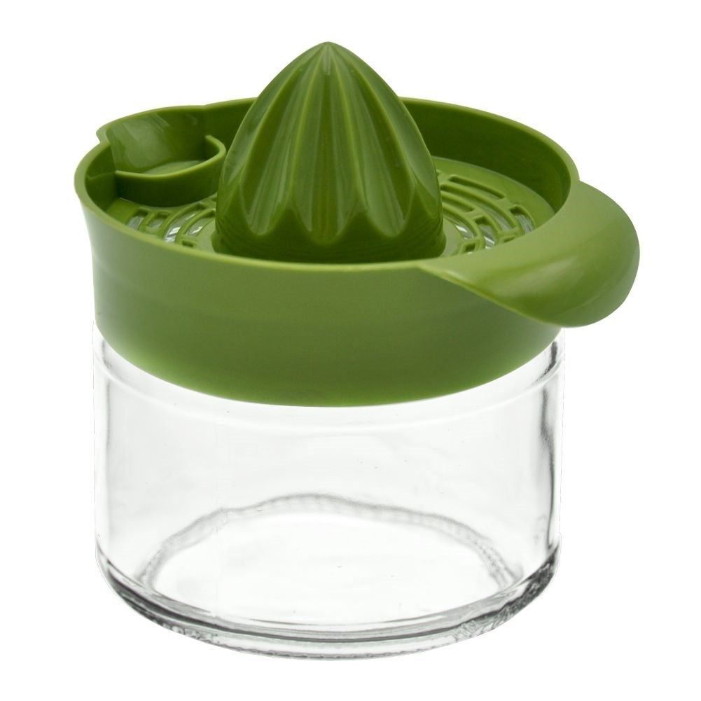 Citrus press with spout and glass container