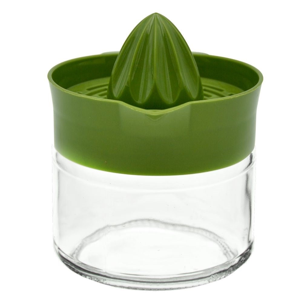 Citrus press with spout and glass container