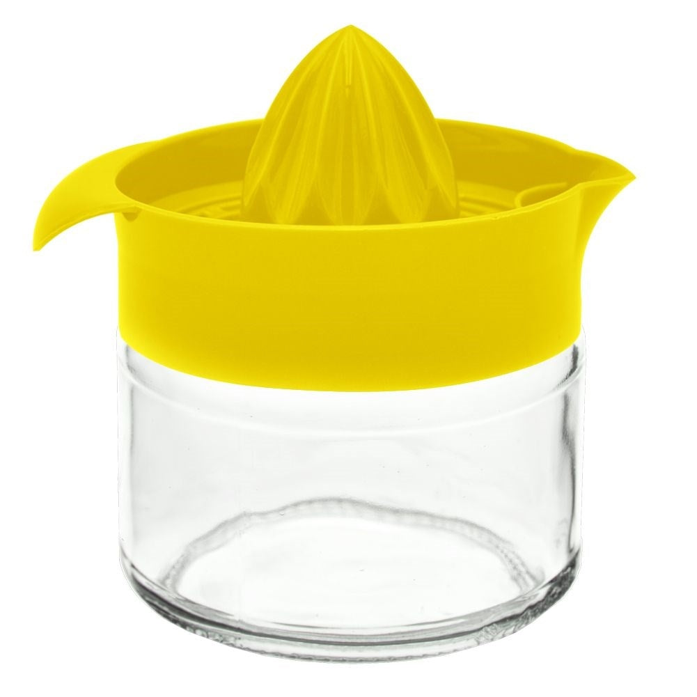 Citrus press with spout and glass container