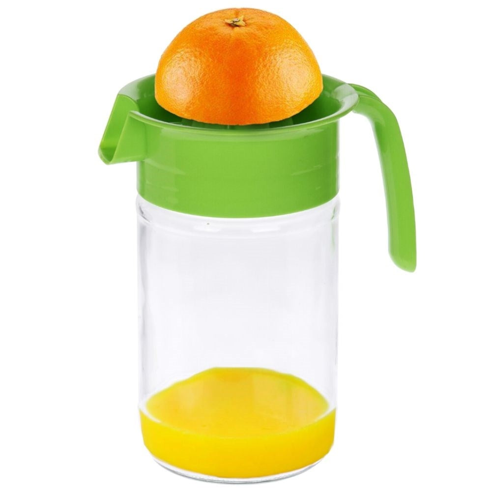 Citrus press with spout and glass container for fresh juice