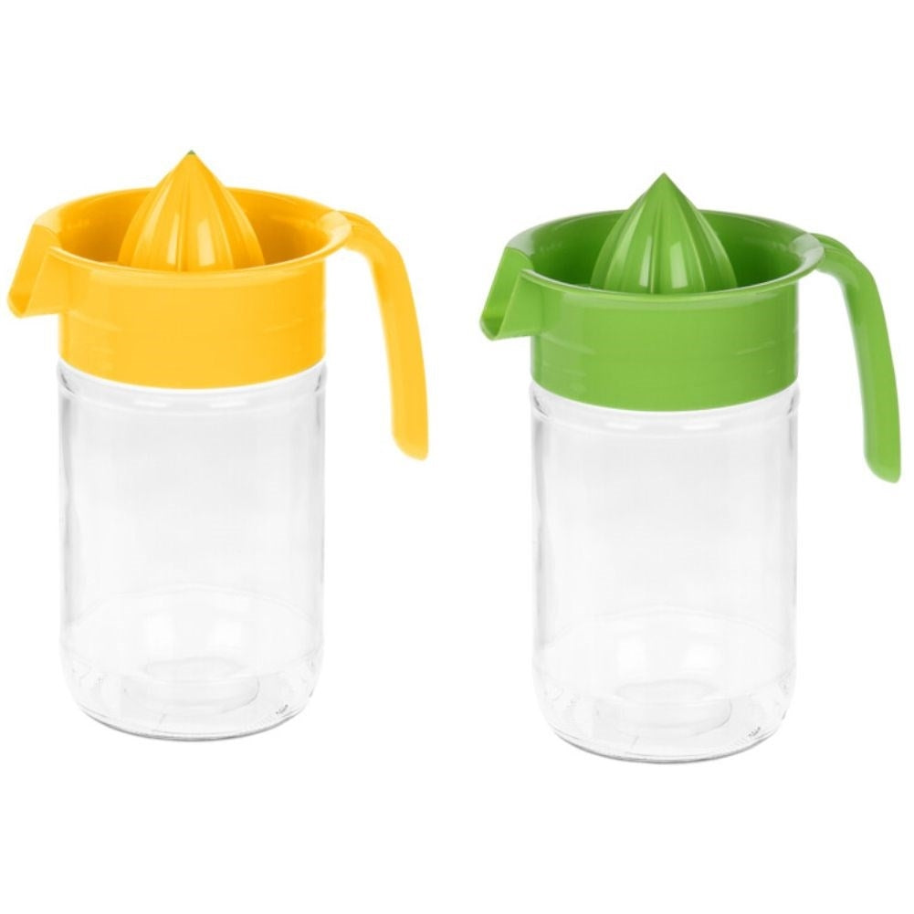 Citrus press with spout and glass container for fresh juice