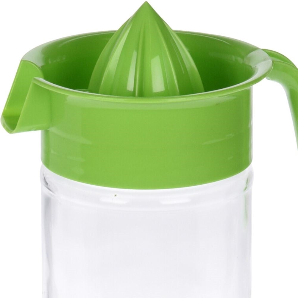 Citrus press with spout and glass container for fresh juice