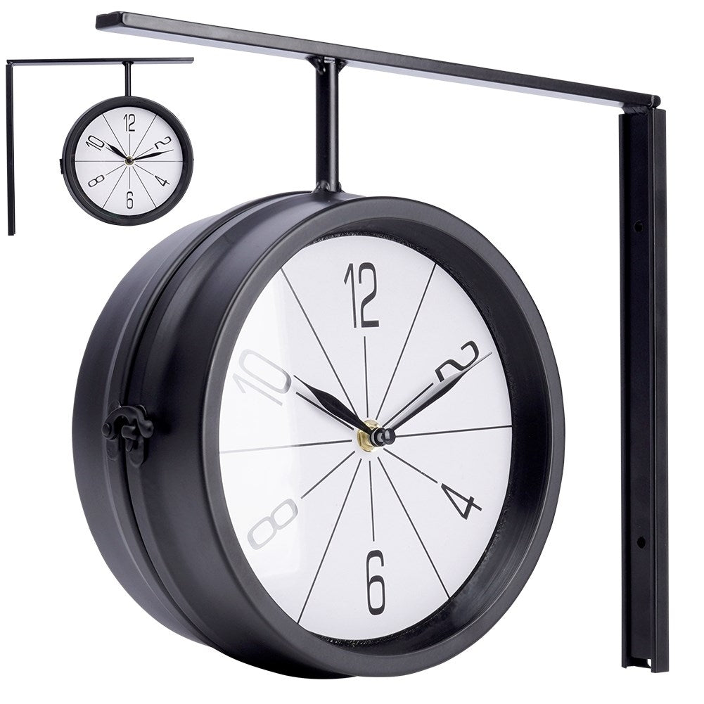 Classic Double Sided ClockThis elegant double-sided watch has a white dial with black hands and numbers. The clock is very easy to read and is perfect for both home and office.