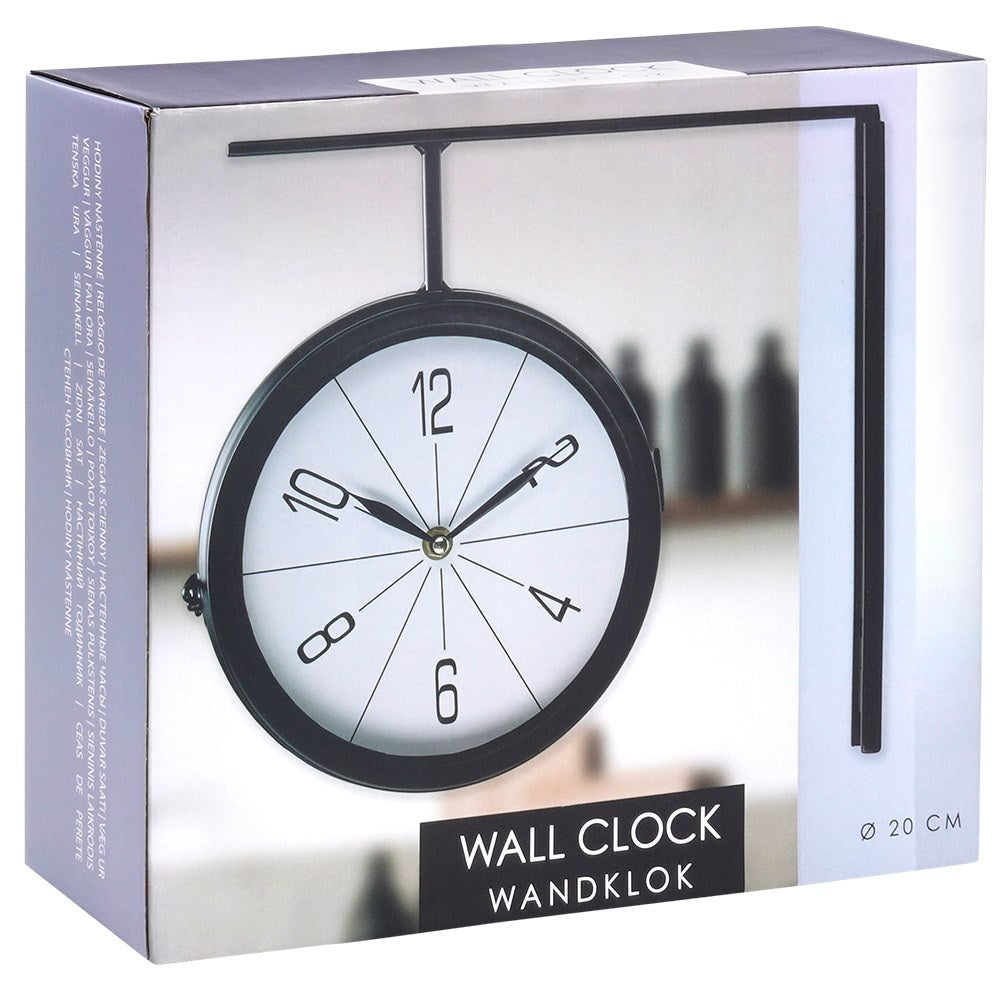Classic Double Sided ClockThis elegant double-sided watch has a white dial with black hands and numbers. The clock is very easy to read and is perfect for both home and office.