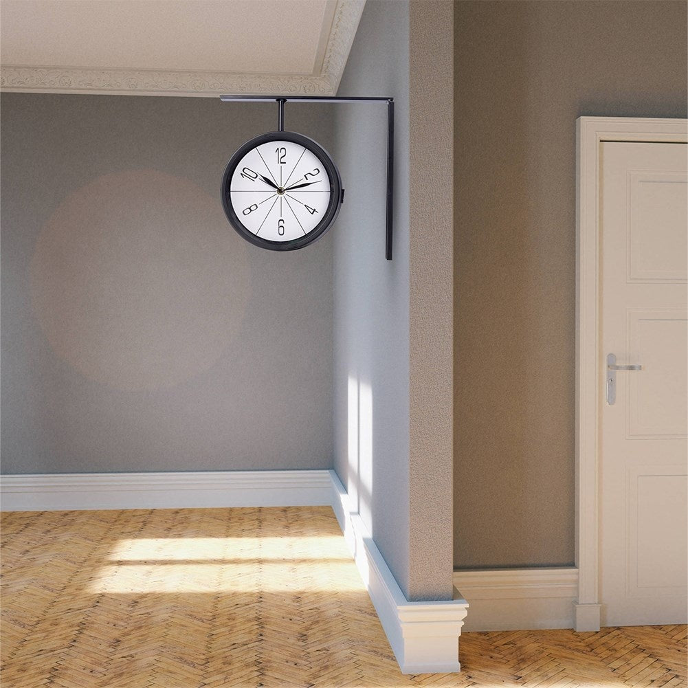 Classic Double Sided ClockThis elegant double-sided watch has a white dial with black hands and numbers. The clock is very easy to read and is perfect for both home and office.