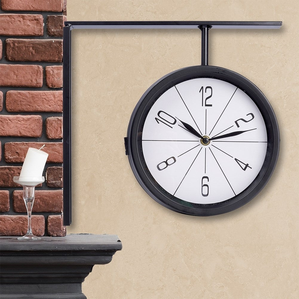 Classic Double Sided ClockThis elegant double-sided watch has a white dial with black hands and numbers. The clock is very easy to read and is perfect for both home and office.