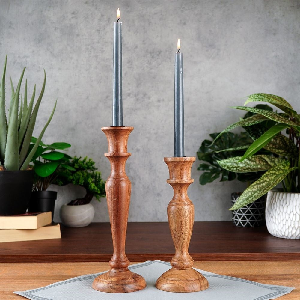Classic acacia wood candle holder for long candles, minimalist design