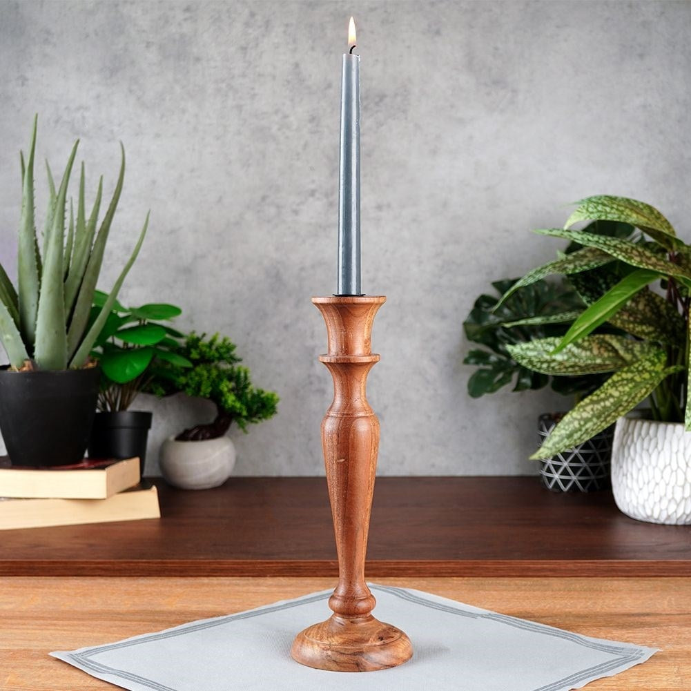 Classic acacia wood candle holder for long candles, minimalist design