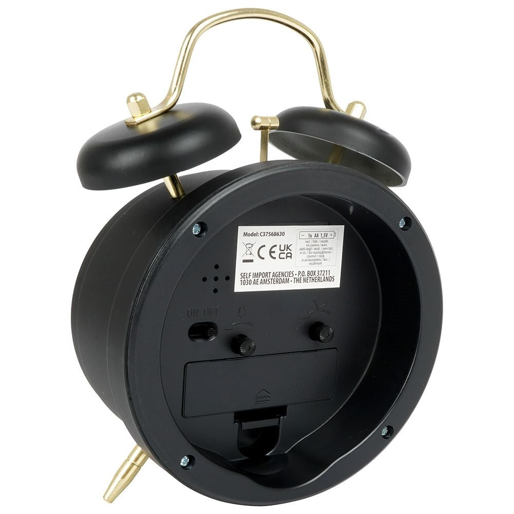 Classic black table clock with alarm and gold details