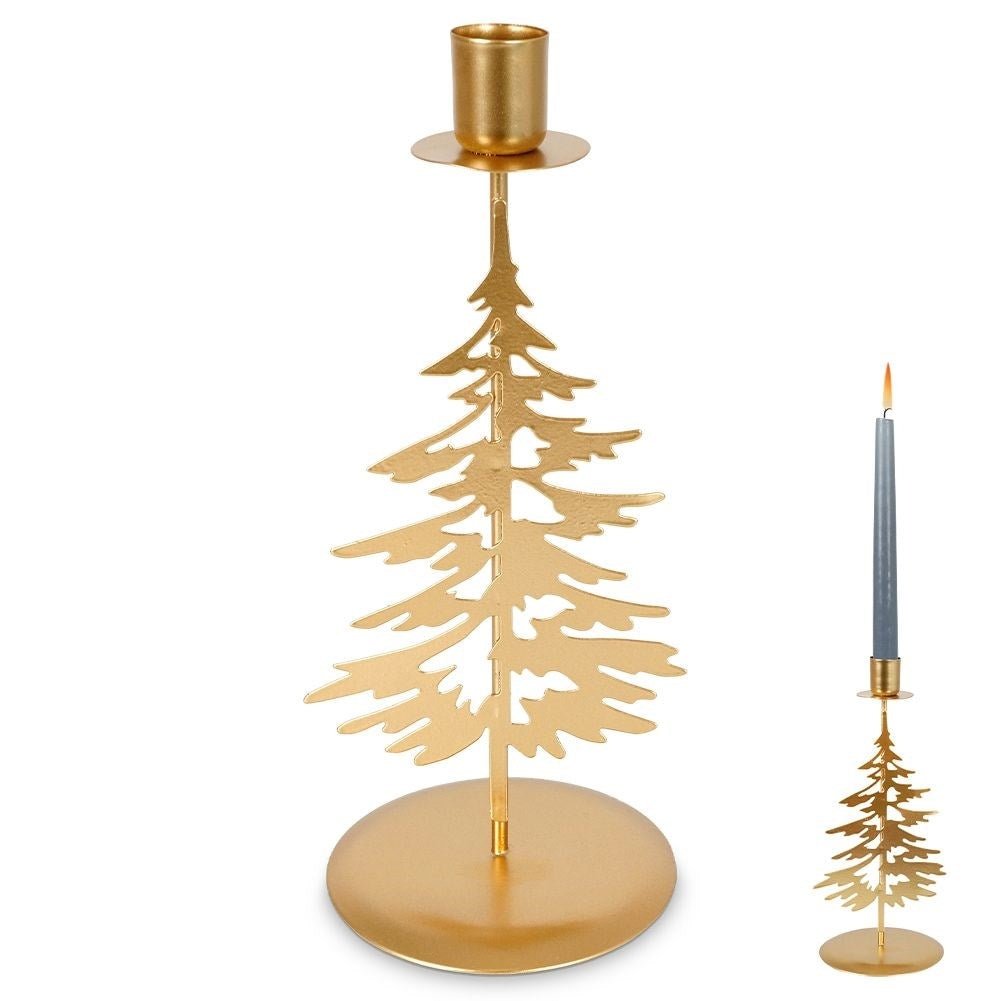 Classic golden candlestick with decorative metal fir tree