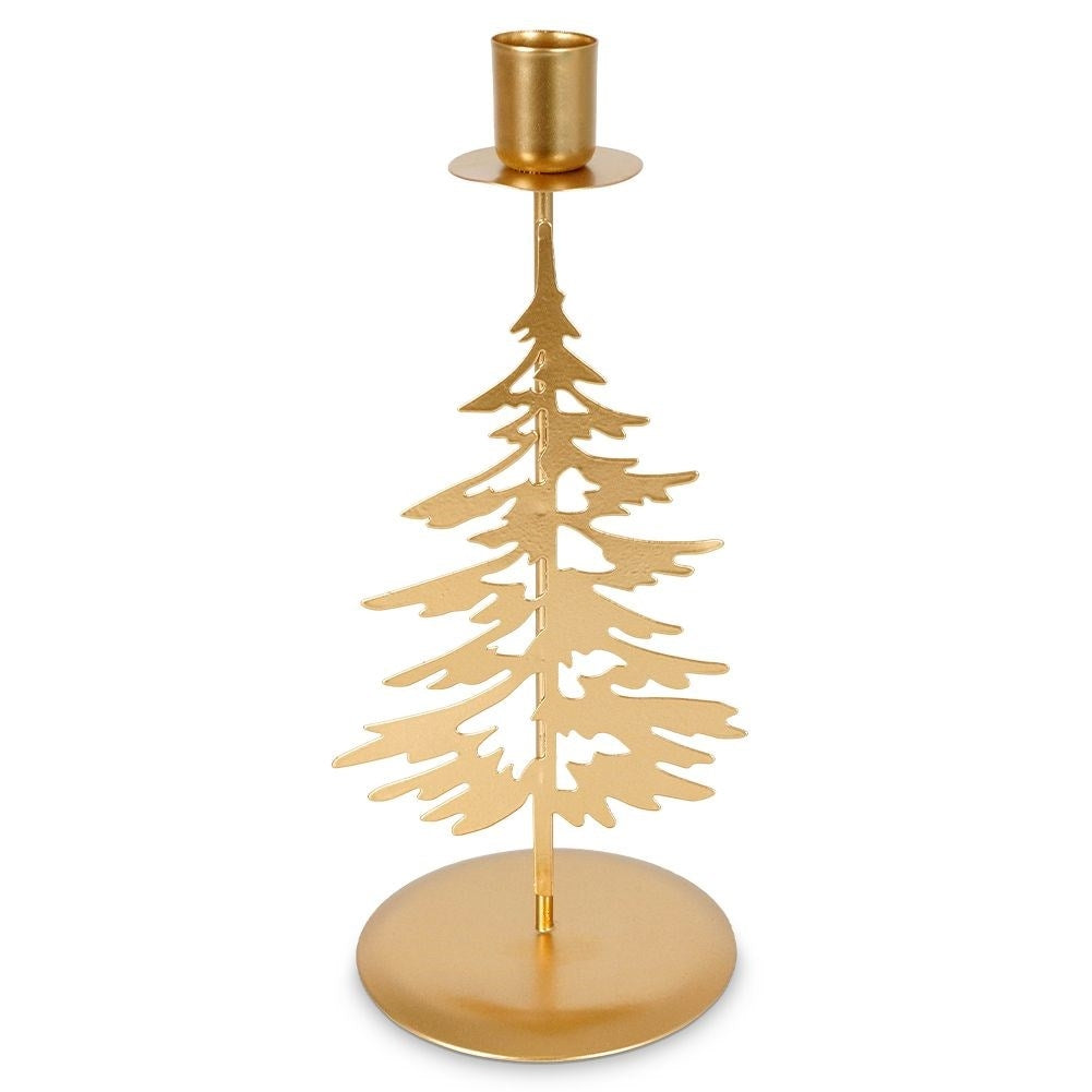 Classic golden candlestick with decorative metal fir tree
