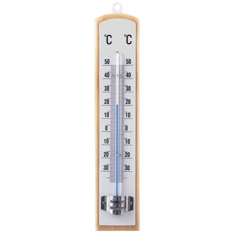 Classic thermometer for indoor and outdoor temperature, wooden material