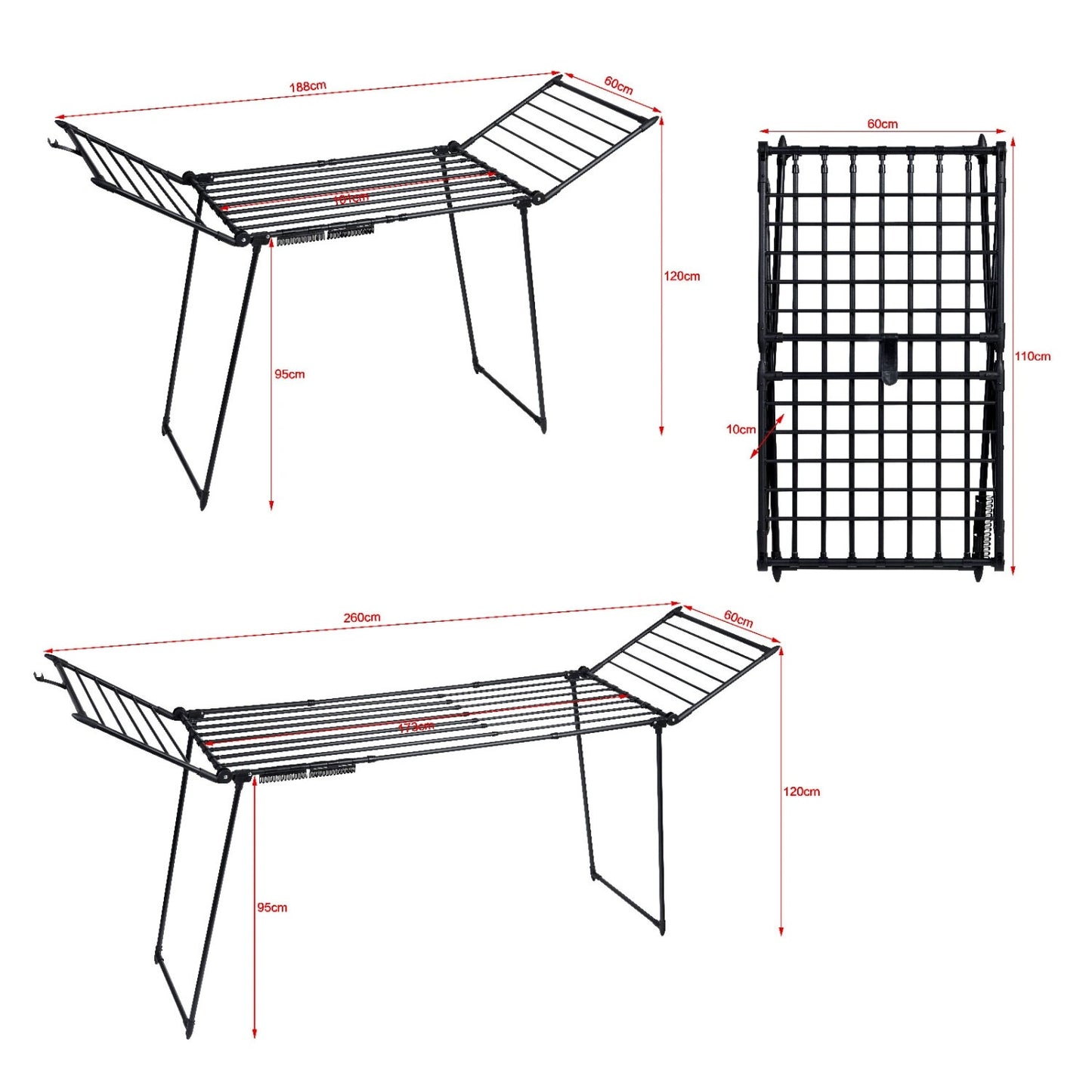 Clothes drying rack, standing, extendable, for balcony, 27 meters, black