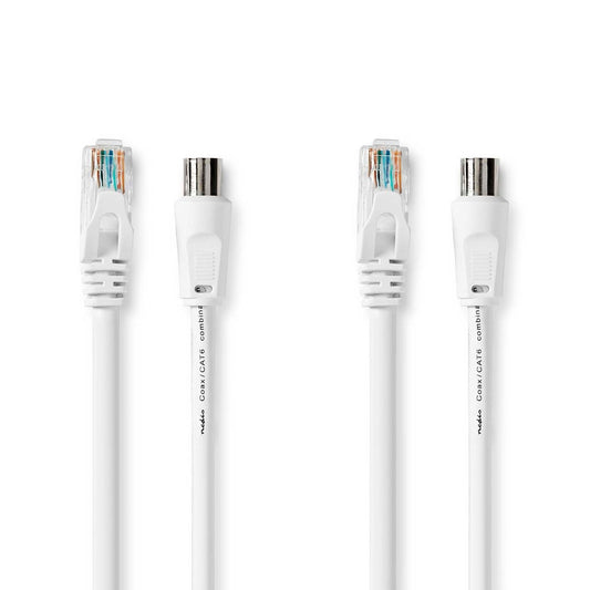 Coax & Cat6 Combi Cable | IEC (Coax) Male / RJ45 male | IEC (Coax) Female / RJ45 Male | Nickel Plated | RG58 | 75 Ohm | Double Shielded | 1.50 m | Round | PVC | White | Label