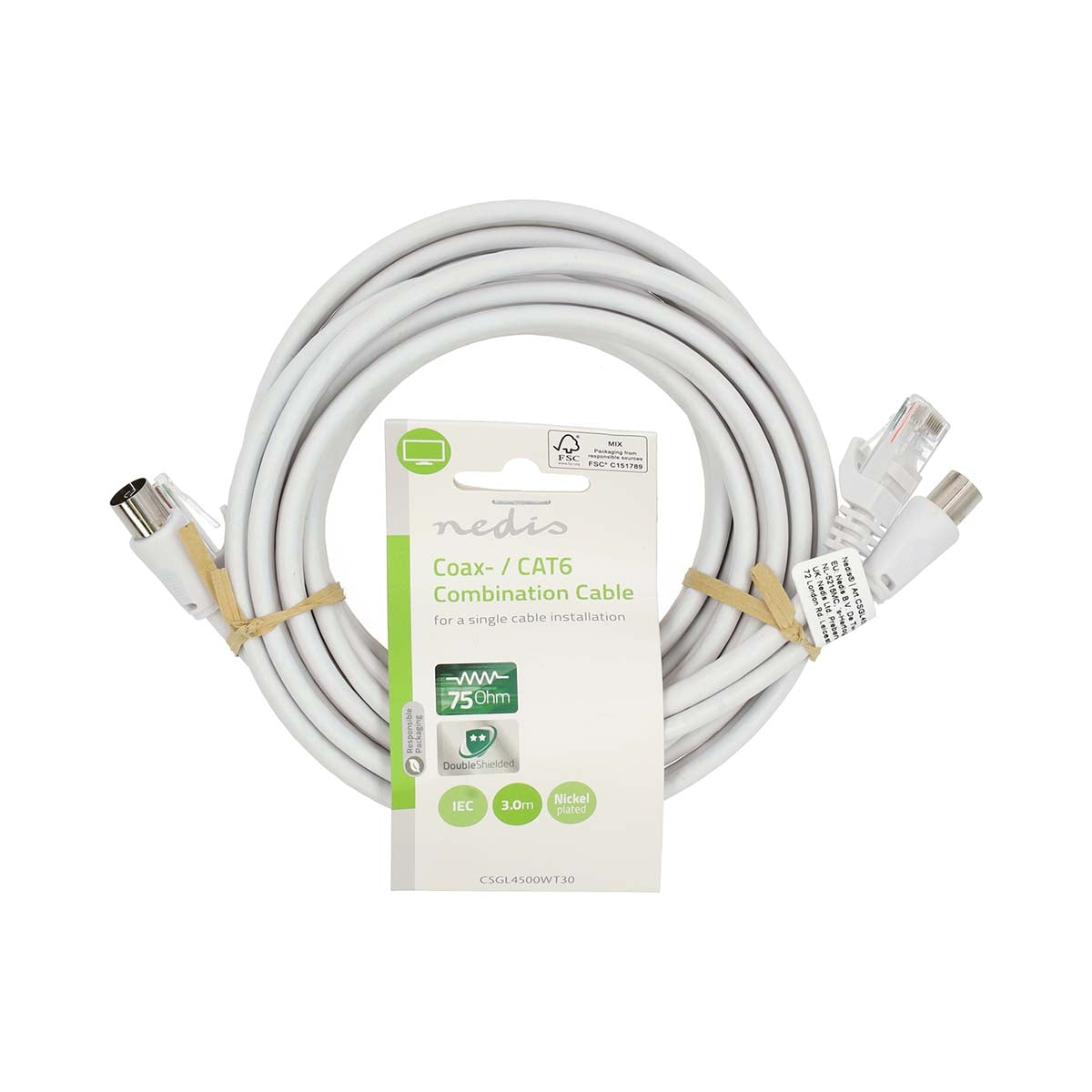 Coax & Cat6 Combi Cable | IEC (Coax) Male / RJ45 male | IEC (Coax) Female / RJ45 Male | Nickel Plated | RG58 | 75 Ohm | Double Shielded | 3.00 m | Round | PVC | White | Label