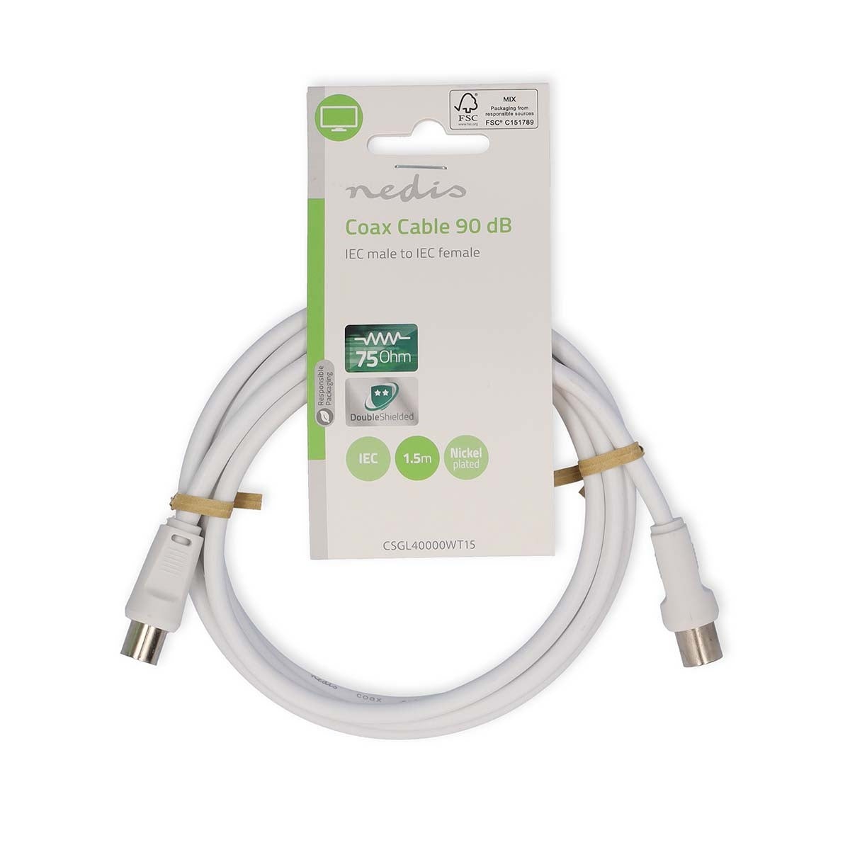 Coaxial cable | IEC (Coax) Male | IEC (Coax) Female | Nickel Plated | 90 dB| 75 Ohm | Double Shielded | 1.50 m | Round | PVC | White | Label