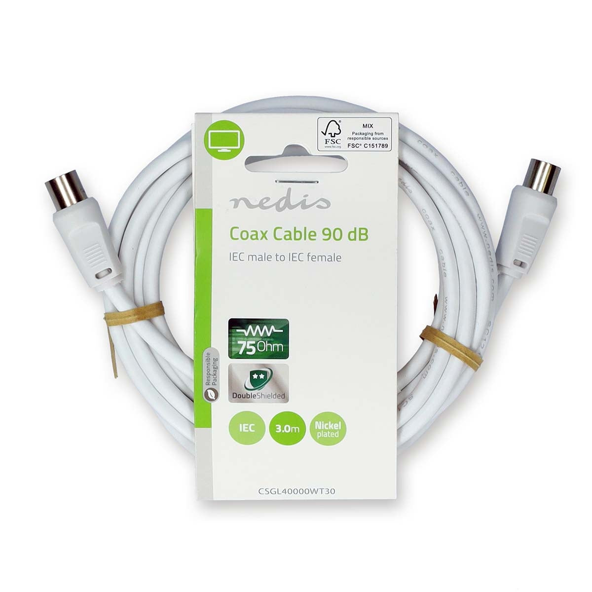 Coaxial cable | IEC (Coax) Male | IEC (Coax) Female | Nickel Plated | 90 dB| 75 Ohm | Double Shielded | 3.00 m | Round | PVC | White | Label