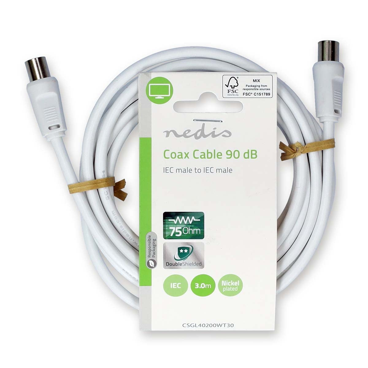 Coaxial cable | IEC (Coax) Male | IEC (Coax) Male | Nickel Plated | 90 dB| 75 Ohm | Double Shielded | 3.00 m | Round | PVC | White | Label
