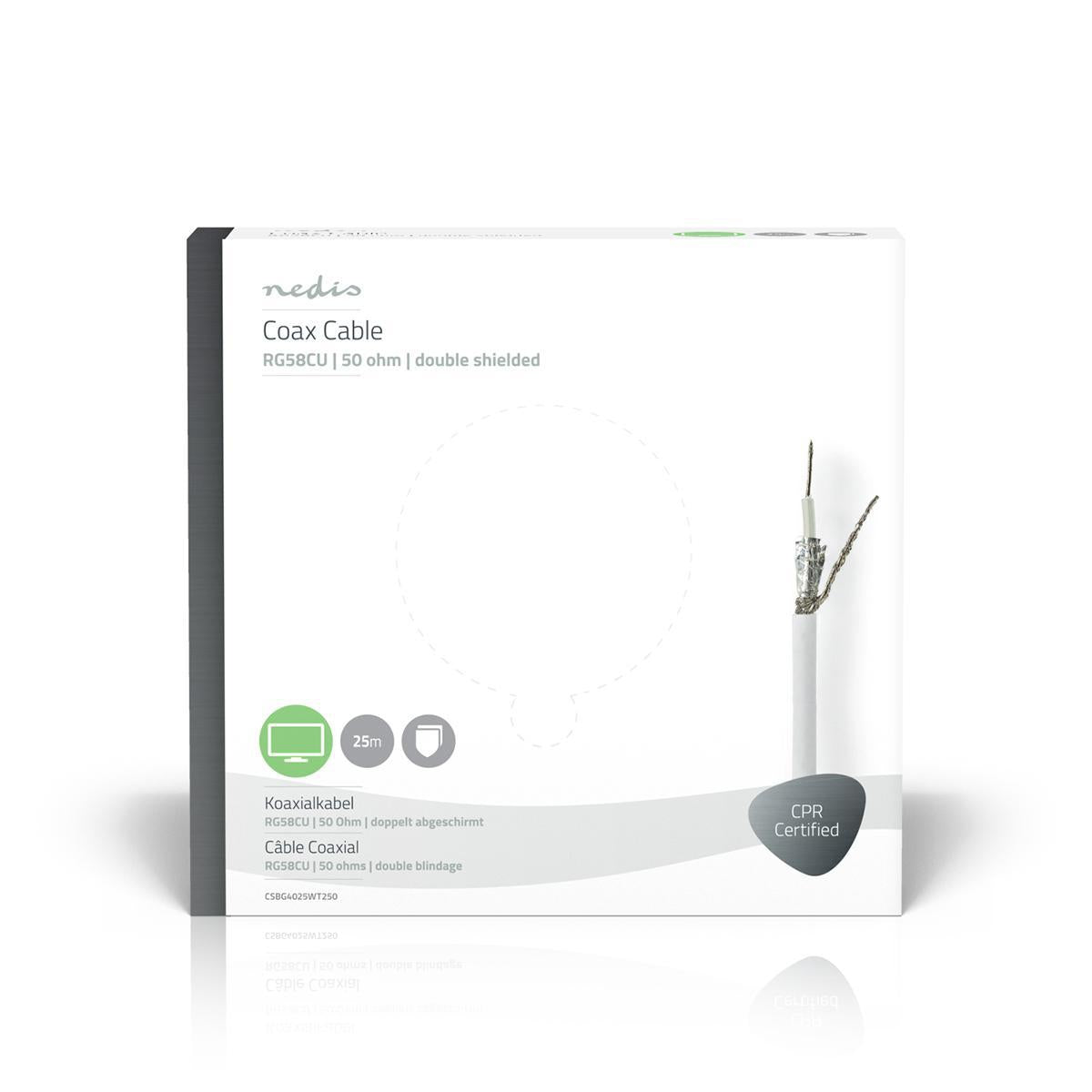 Coaxial cable on Bobin | RG58C/U | 50 Ohm | Double Shielded | ECA | 25.0 m | Coax | PVC | White | Gift box