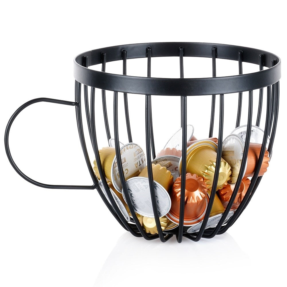 Coffee capsule holder in cup shape with handle, black metal