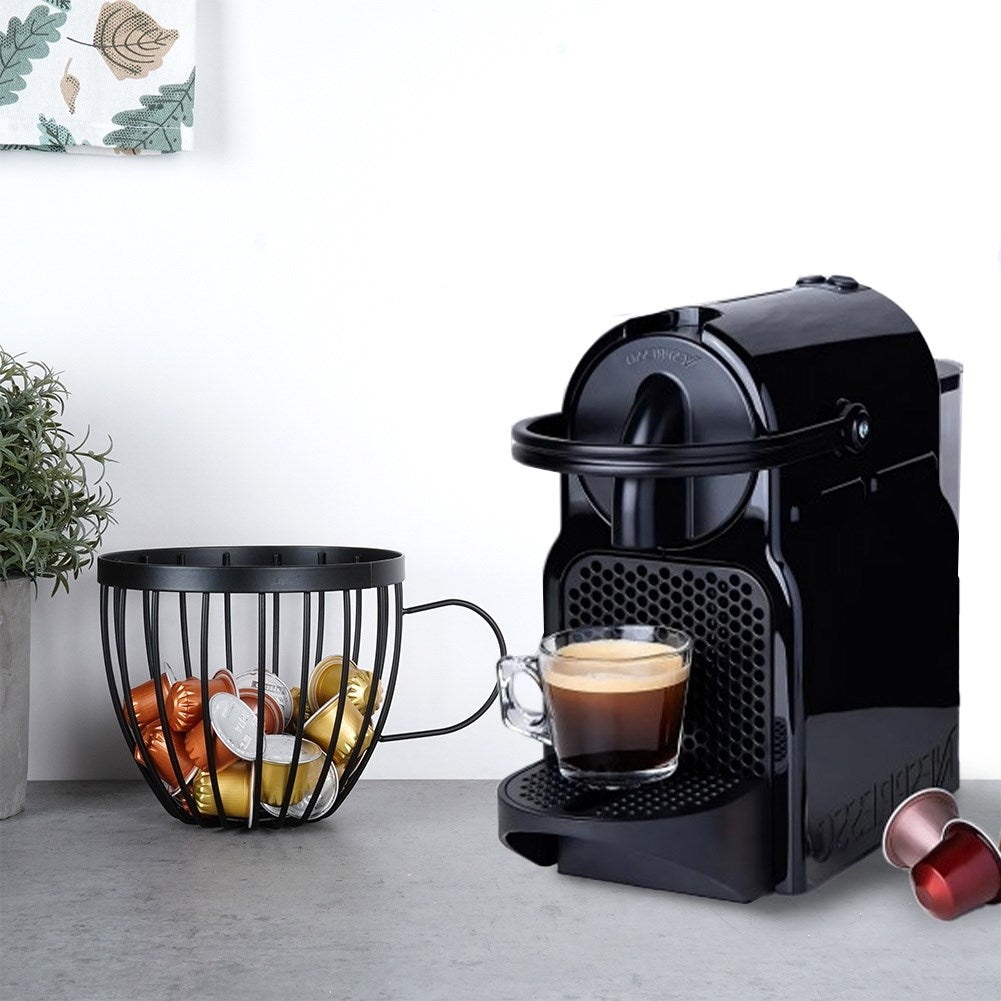 Coffee capsule holder in cup shape with handle, black metal