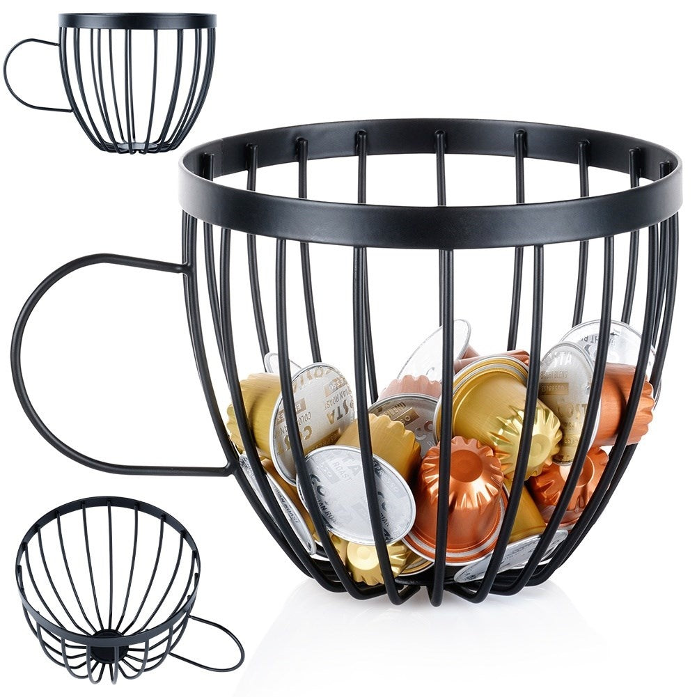 Coffee capsule holder in cup shape with handle, black metal