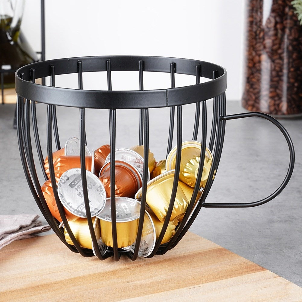 Coffee capsule holder in cup shape with handle, black metal
