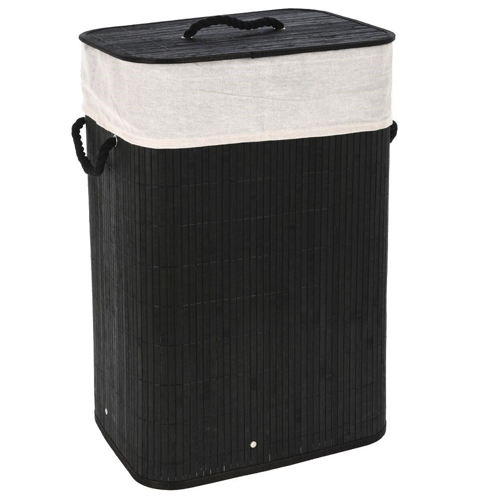 Collapsible Black Bamboo Laundry Basket with Removable Lid