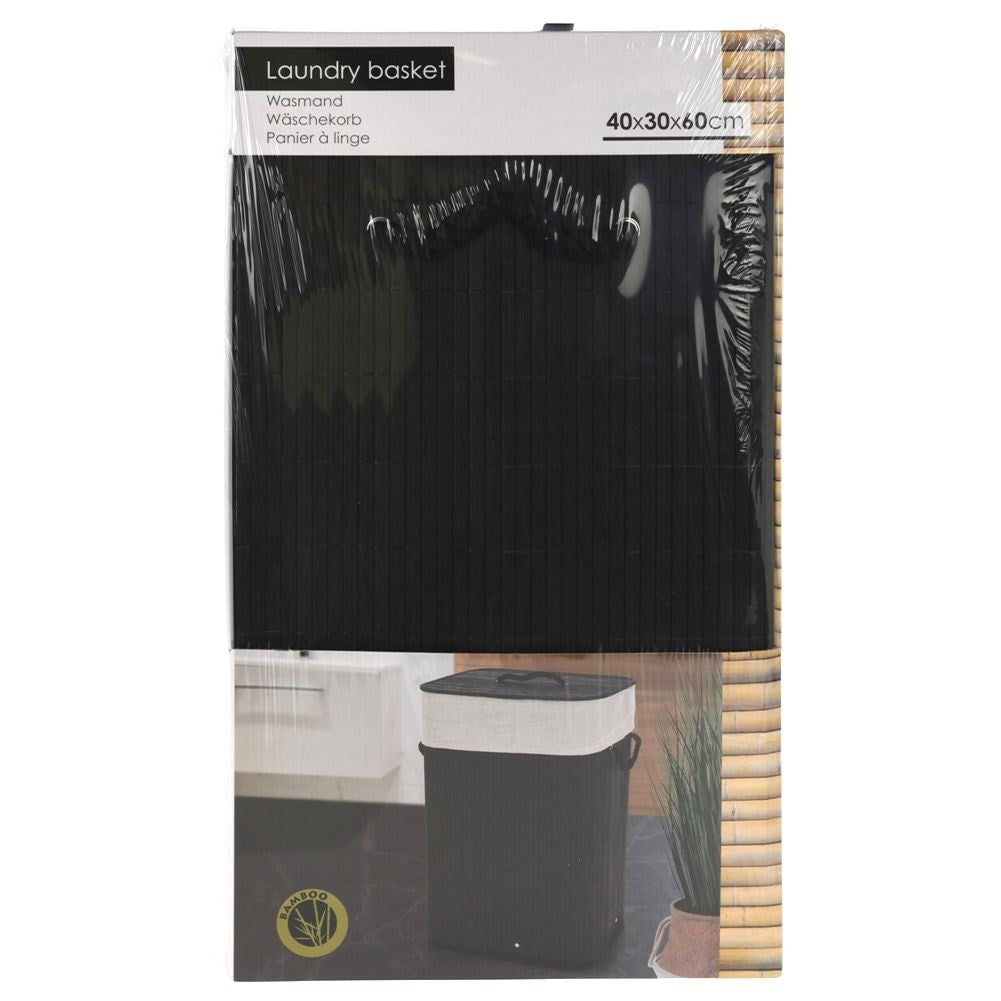 Collapsible Black Bamboo Laundry Basket with Removable Lid