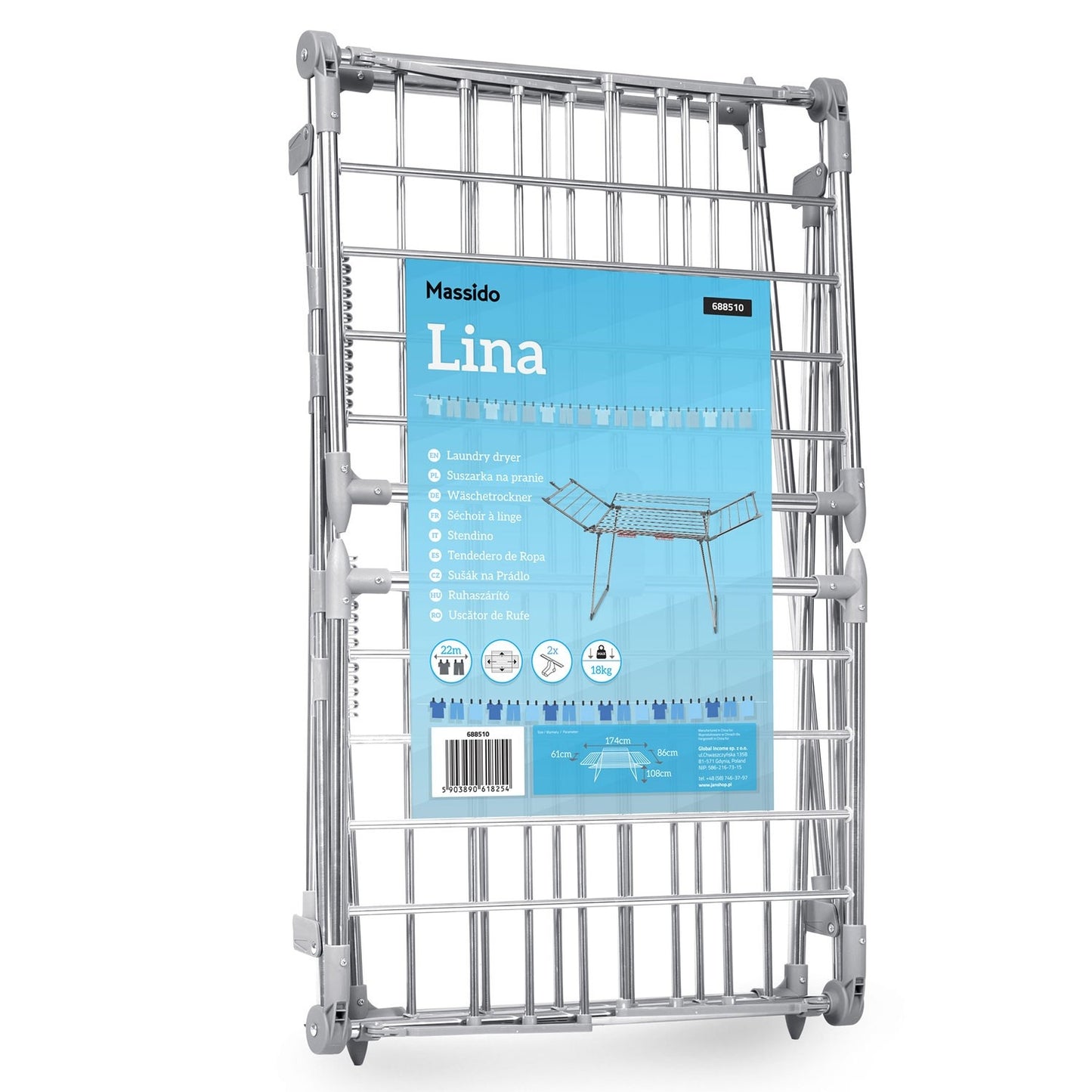 Collapsible and standing drying rack with 22 m stainless steel drying line