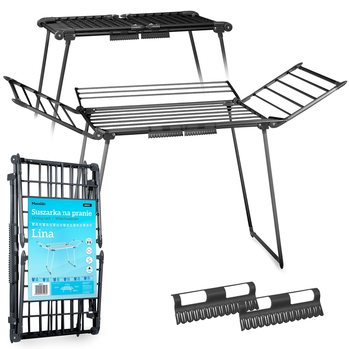 Collapsible black drying rack with 22 meter line